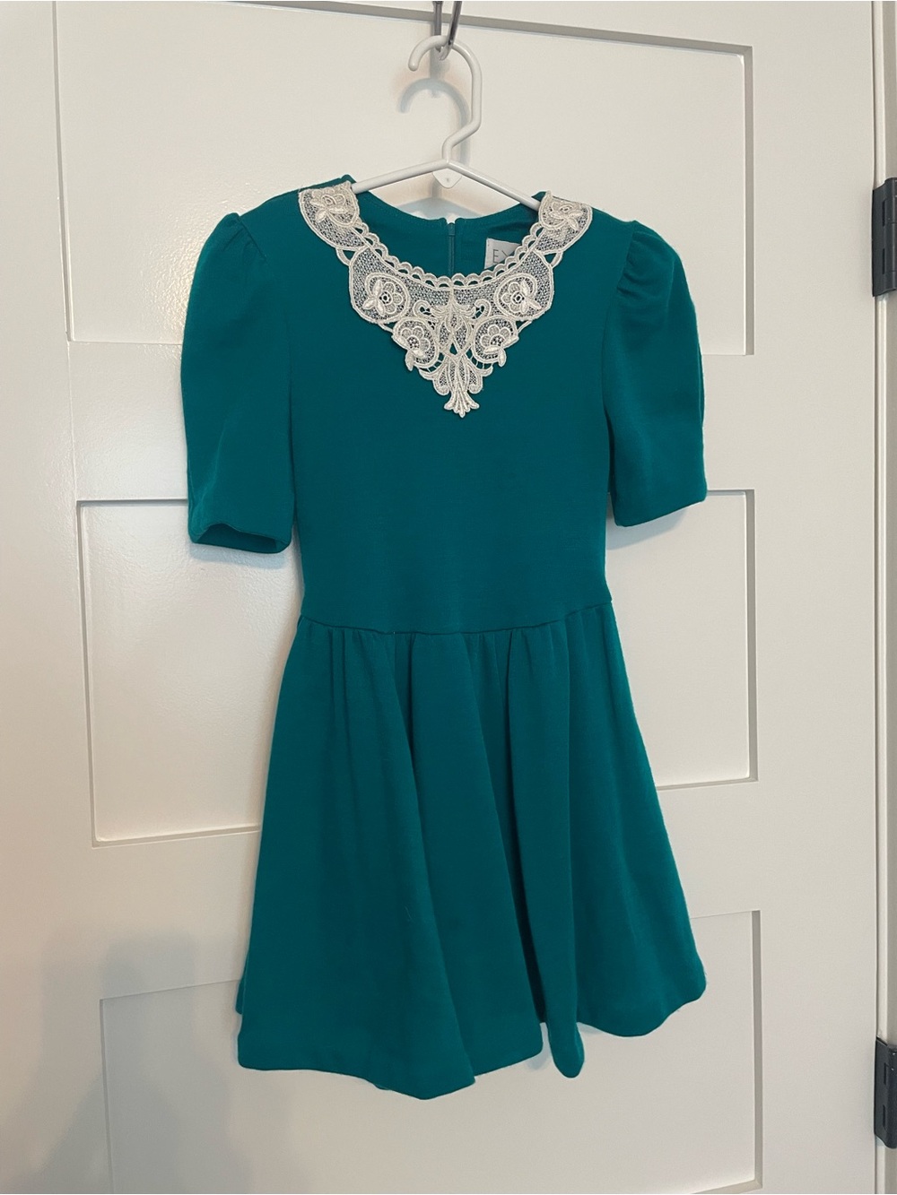 VINTAGE 90s Girls Teal Dress with Lace Yoke